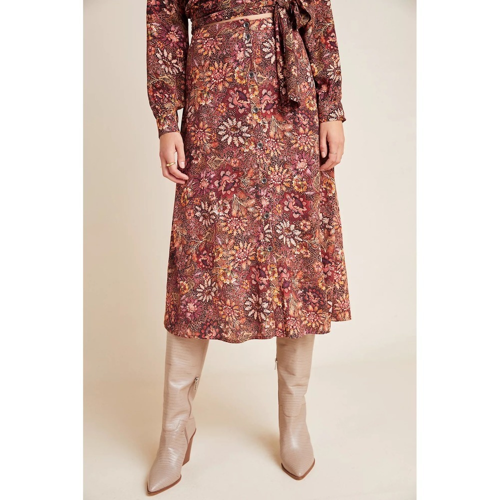 Kachel x Anthropologie Floral Button Front Midi‎ Skirt 2 Boho Indie Prairie Soft